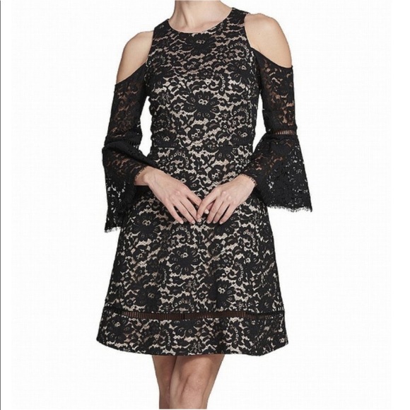 Eliza J Dresses & Skirts - Eliza J Black Lace Cold Shoulder Bell Sleeve Cocktail Dress